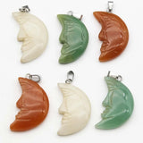 Natural Stone Moon Face Pendants Charms Mineral Healing Necklaces 8Pcs