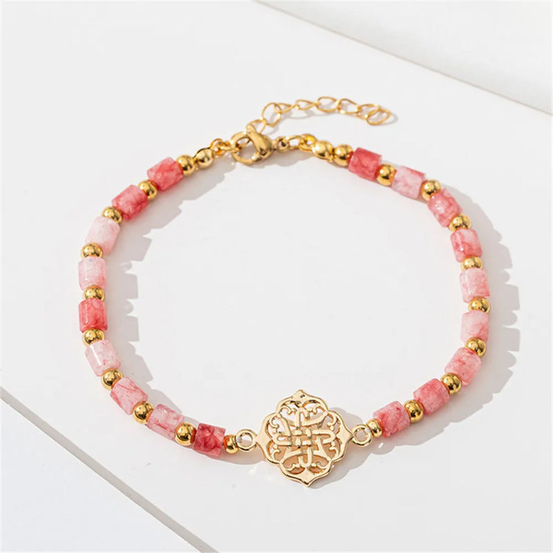 Natural Stone Pink Beaded Adjustable Bracelet Real Plated Fine Jewelry