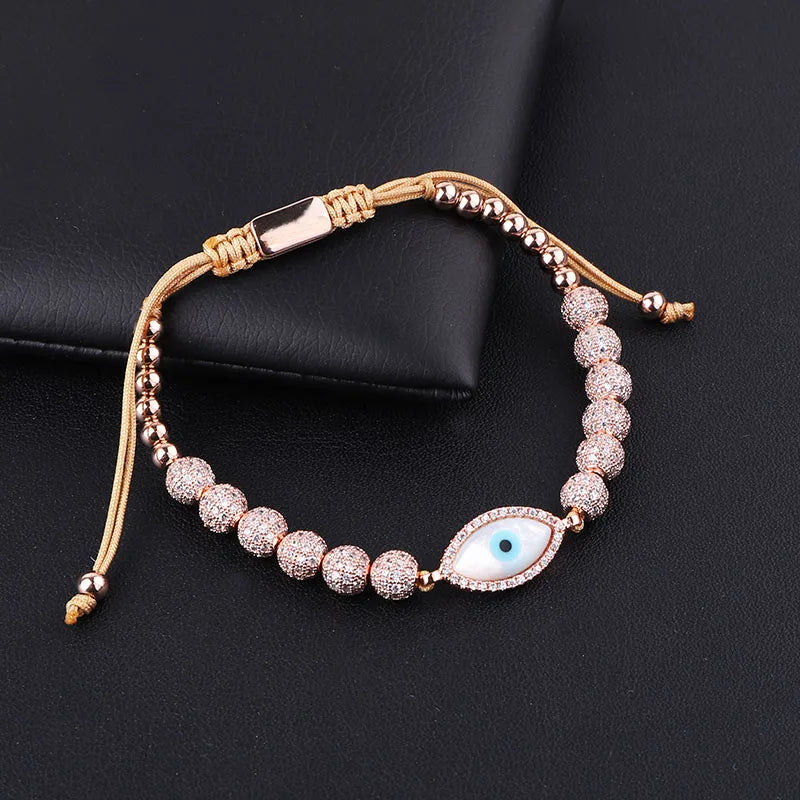 CZ Pave Ball Shell Eye Charm Beads Bracelet Men Women