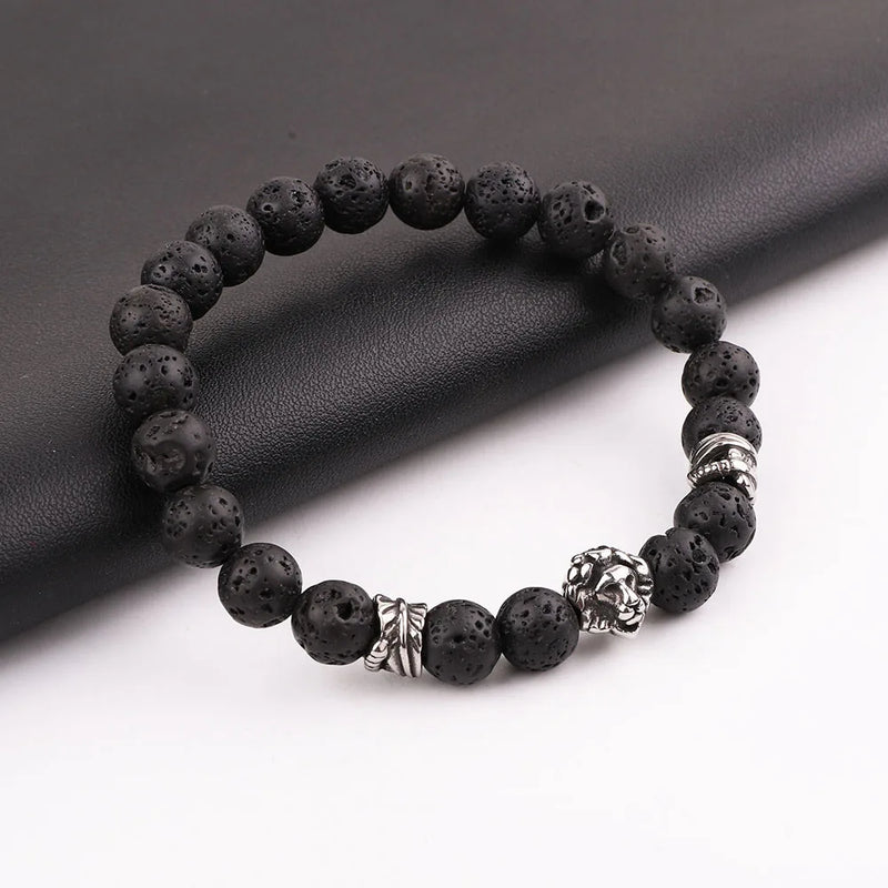 Vintage Leaf Feather Charm Lion Natural Stone Bracelet
