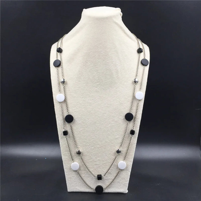 Rhodium Geometric Round & Cube Long Necklace for Party Jewelry