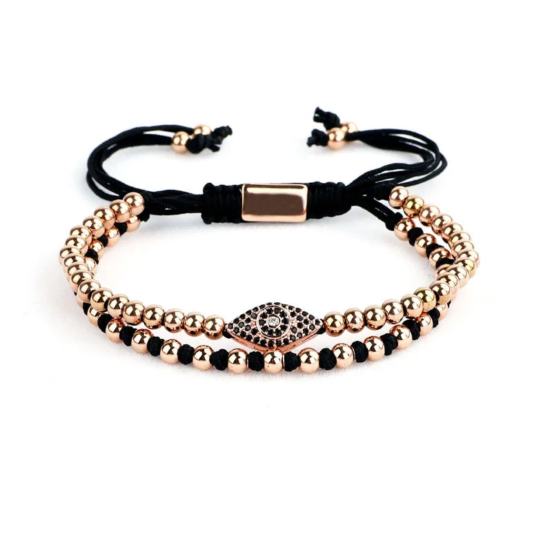 High Stainless Steel Beads CZ Pave Eye Charm Braided Macrame Bracelet