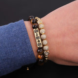 CZ Micro Pave Ball Crown Charms Tiger Eyes Adjustable Bracelet