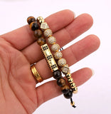CZ Micro Pave Ball Crown Charms Tiger Eyes Adjustable Bracelet