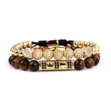 CZ Micro Pave Ball Crown Charms Tiger Eyes Adjustable Bracelet