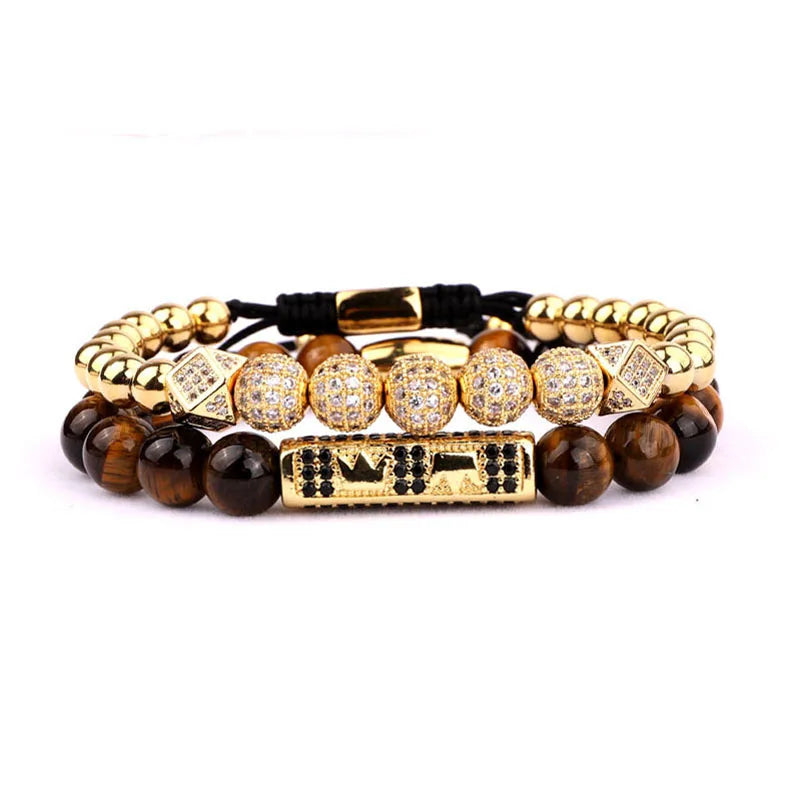CZ Micro Pave Ball Crown Charms Tiger Eyes Adjustable Bracelet