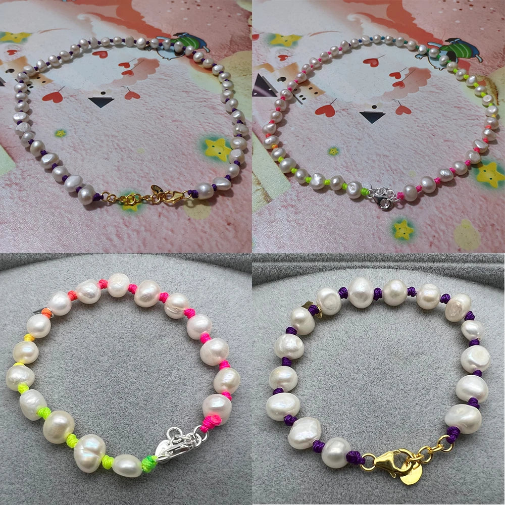 Spanish Style 925 Silver Multicolor Pearl Bracelet Necklace Set