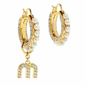 Pearl M Letter Rhinestone Asymmetry Hoops Earrings Vintage Tassel Earrings
