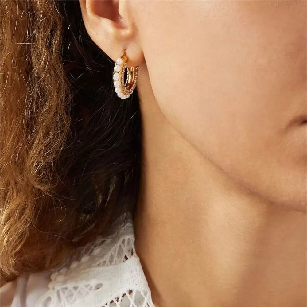 Pearl M Letter Rhinestone Asymmetry Hoops Earrings Vintage Tassel Earrings