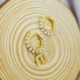 Pearl M Letter Rhinestone Asymmetry Hoops Earrings Vintage Tassel Earrings