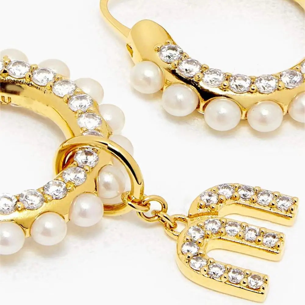 Pearl M Letter Rhinestone Asymmetry Hoops Earrings Vintage Tassel Earrings