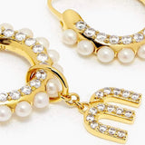 Pearl M Letter Rhinestone Asymmetry Hoops Earrings Vintage Tassel Earrings