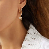 Pearl M Letter Rhinestone Asymmetry Hoops Earrings Vintage Tassel Earrings