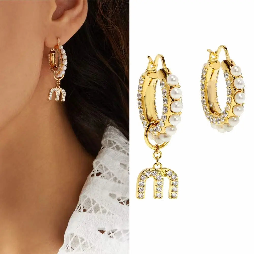 Pearl M Letter Rhinestone Asymmetry Hoops Earrings Vintage Tassel Earrings