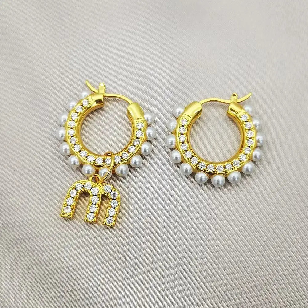 Pearl M Letter Rhinestone Asymmetry Hoops Earrings Vintage Tassel Earrings