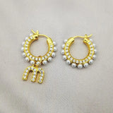 Pearl M Letter Rhinestone Asymmetry Hoops Earrings Vintage Tassel Earrings