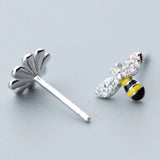 925 Sterling Silver Stud Earrings Asymmetry Flowers Bee Women Jewelry