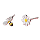 925 Sterling Silver Stud Earrings Asymmetry Flowers Bee Women Jewelry