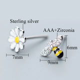 925 Sterling Silver Stud Earrings Asymmetry Flowers Bee Women Jewelry