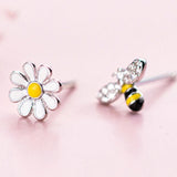 925 Sterling Silver Stud Earrings Asymmetry Flowers Bee Women Jewelry