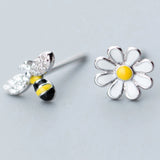925 Sterling Silver Stud Earrings Asymmetry Flowers Bee Women Jewelry