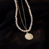 High Queen's Head Coins Pearl Necklace 14k Filled