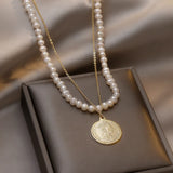 High Queen's Head Coins Pearl Necklace 14k Filled