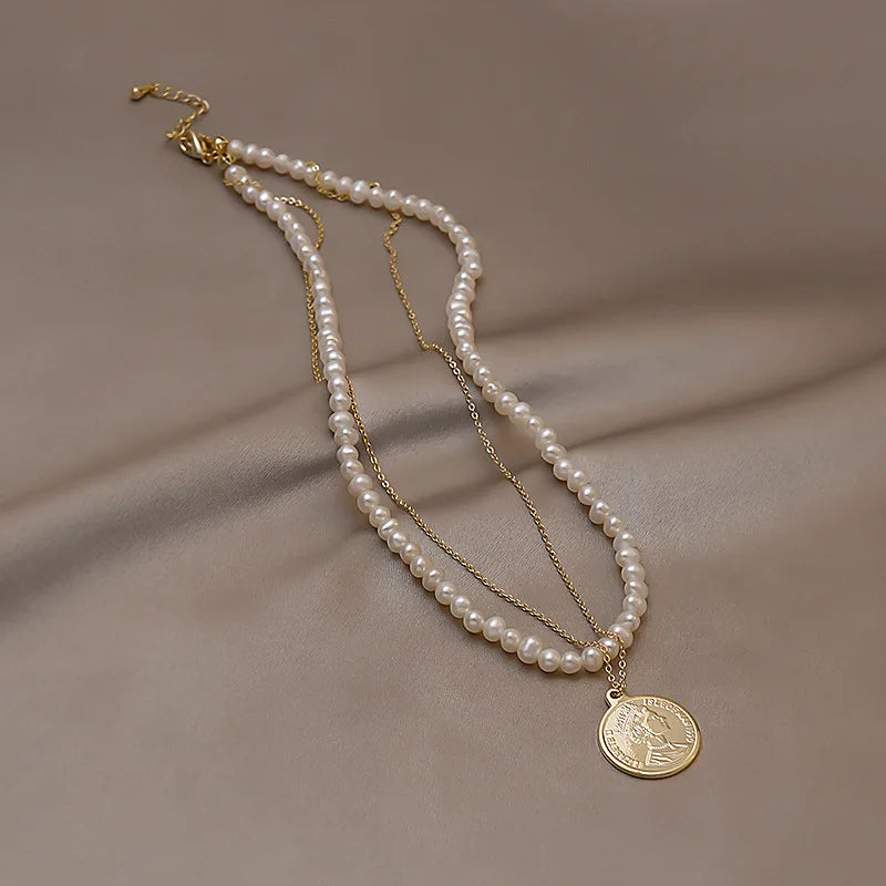 High Queen's Head Coins Pearl Necklace 14k Filled