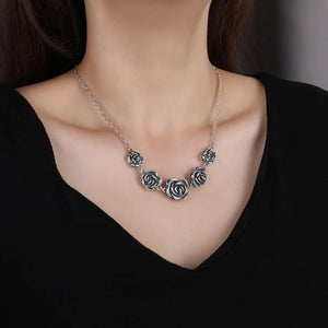 Retro Rose Flower Thai Silver Women's Necklace Jewelry Short Chain