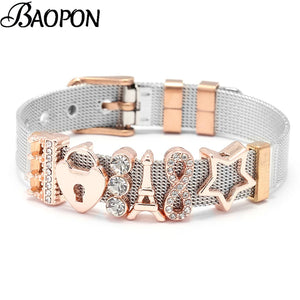 Rose Stainless Steel Mesh Bracelet with Love Lock Charms