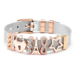 Rose Stainless Steel Mesh Bracelet with Love Lock Charms