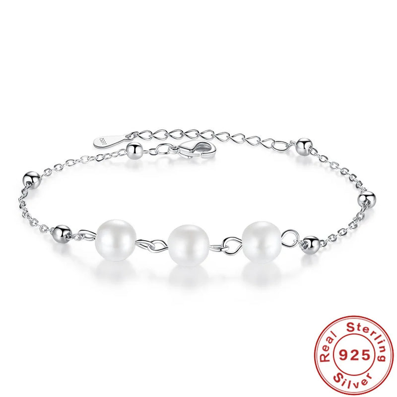 S925 Sterling Silver 3 Pearl Bracelet Delicate Wedding Jewelry