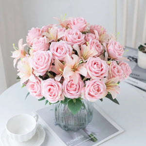 Silk Rose Lily Bouquet Artificial Flowers Christmas Wedding Home DIY Decoration