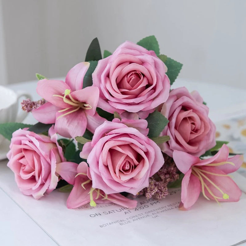 Silk Rose Lily Bouquet Artificial Flowers Christmas Wedding Home DIY Decoration