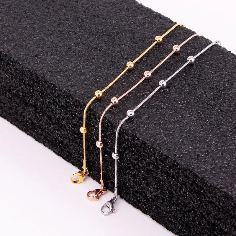 Snake Bone Chain 5 Bead Anklet Stainless Steel Rose Anklet 20cm + 5cm