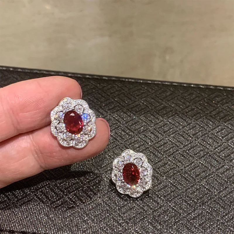 925 Silver Ruby Diamond Stud Earrings for Women Fine Jewelry