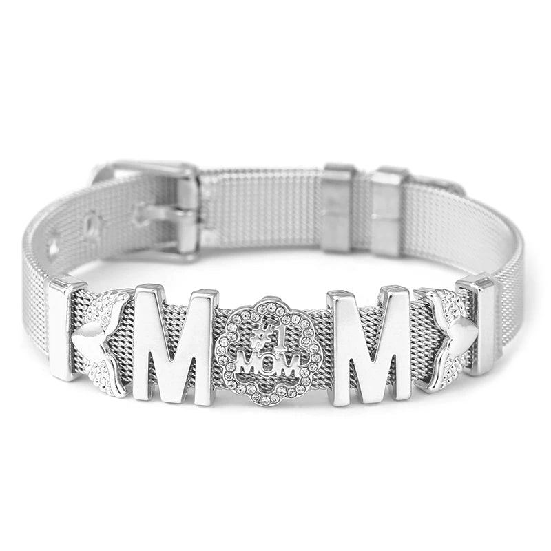 Stainless Steel Mesh Bracelet with Crystal Feather Charms
