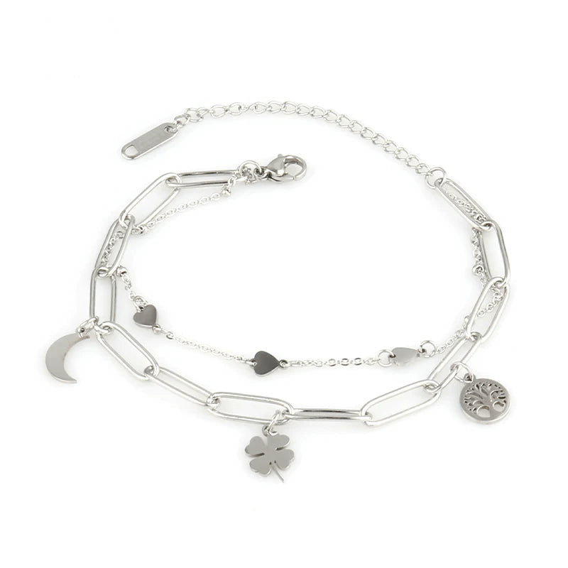 Stainless Steel Women's Pendant Bracelet Multilayer Link Chain Charm Pulseras
