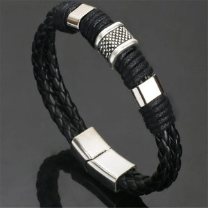 Stainless Steel Charm Bracelet Brown Leather Wristband Men's Jewelry