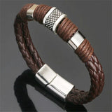 Stainless Steel Charm Bracelet Brown Leather Wristband Men's Jewelry
