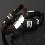 Stainless Steel Charm Bracelet Brown Leather Wristband Men's Jewelry