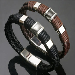Stainless Steel Charm Bracelet Brown Leather Wristband Men's Jewelry