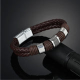 Stainless Steel Charm Bracelet with Brown Leather Men's Wristband