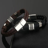 Stainless Steel Charm Bracelet with Brown Leather Men's Wristband