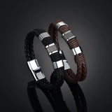 Stainless Steel Charm Bracelet with Brown Leather Men's Wristband