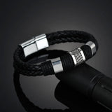 Stainless Steel Charm Bracelet with Brown Leather Men's Wristband