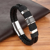 Stainless Steel Charm Bracelet with Brown Leather Men's Wristband