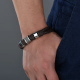 Stainless Steel Charm Bracelet with Brown Leather Men's Wristband