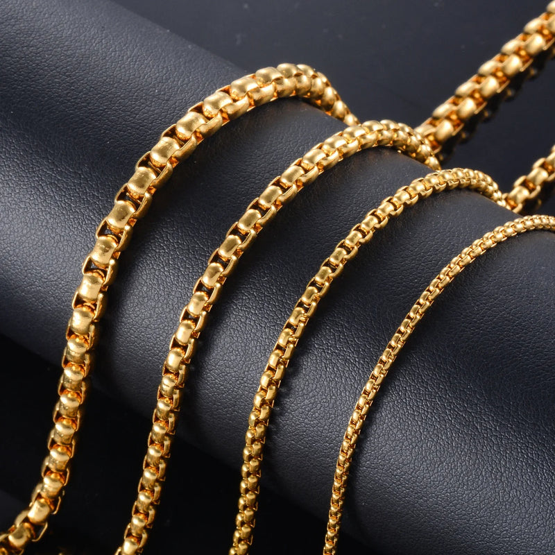 Stainless Steel Round Box Necklace Square Pearl Chain 2/3/4/5mm
