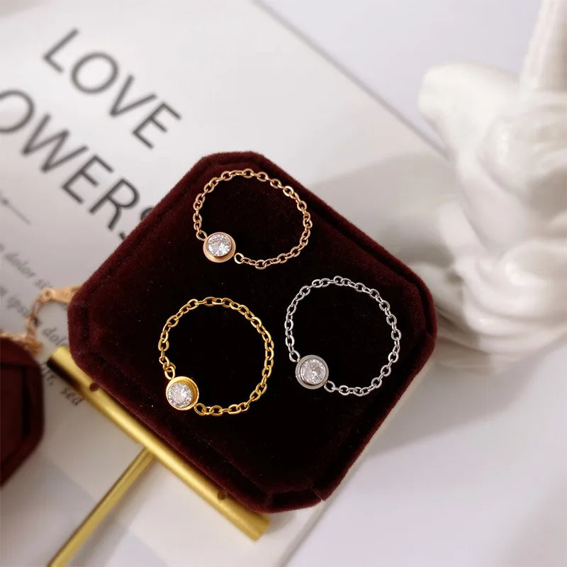 Stainless Steel Ring with Small Chain Zircon for Women LR021